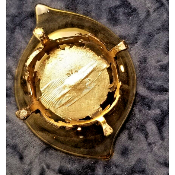 Vintage Mid Century Diamond Shape Amber Glass Bowl Ornate Brass Pedestal Base - Picture 8 of 16